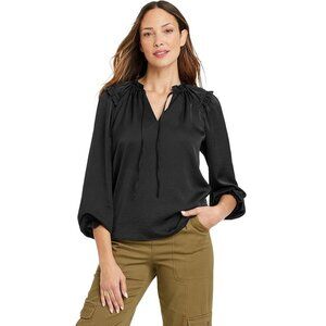 Knox Rose Women's Long Balloon Sleeve Ruffle Satin Top - Ebony Black NWT